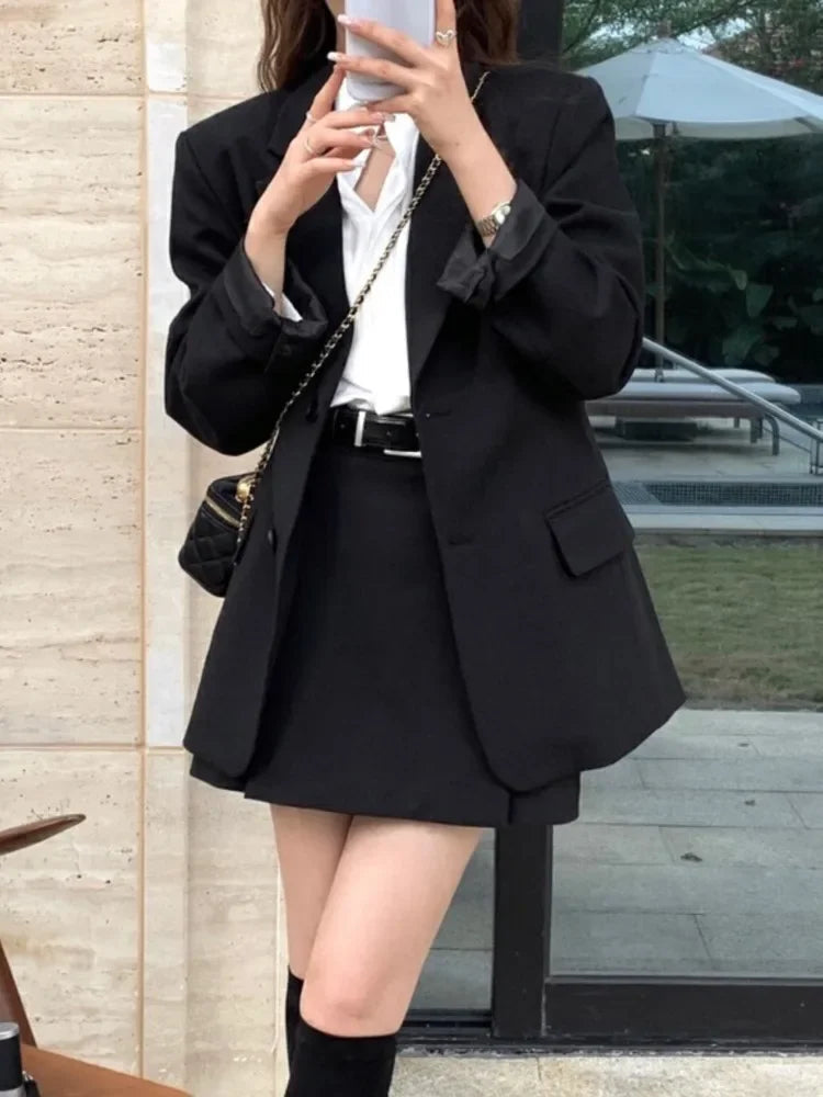 Korean Blazer Two Pieces Set Loose Jackets Coat Mini Skirts Suit Female Formal Outfits