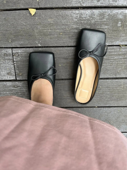 Summer Popular New Square Head Bow Flat Heel Slippers Flat Bag Head Cherry Red White Ballet Flats