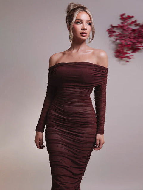 Off-shoulder Long Sleeve Maxi Dress for Autumn New Strapless Backless Bodycon Ruched Party Long Dress