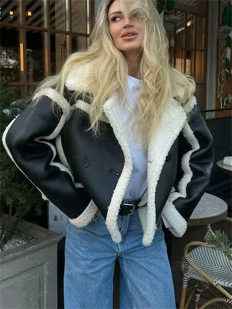 Pu Lapel Fluffy Oversized Sweater Outwear Winter Pocket Patchwork Contrast for Coat New