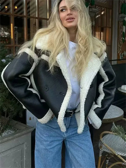 Pu Lapel Fluffy Oversized Sweater Outwear Winter Pocket Patchwork Contrast for Coat New
