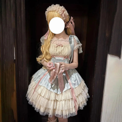 Little Ribbon Lolita Lace Sling Dress Sweet Sp Ballet Style Cake Princess Puffy Onepiece Dress Summer Pettiskirt
