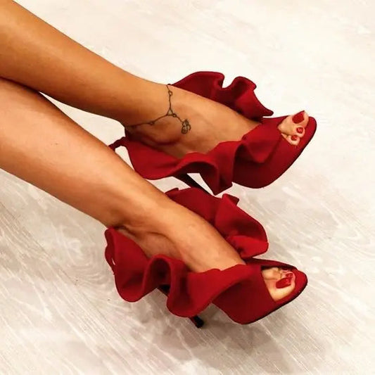 Red Ruffle Sandals Peep Toe Slip on Stiletto Heels Flower Pumps Summer Dress Party Daily Single Shoes