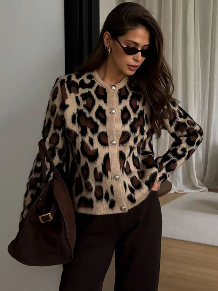 Knitted Leopard Cardigan Slim Single Breasted O-neck Sweaters Female Versatile Basic Street Knitwear