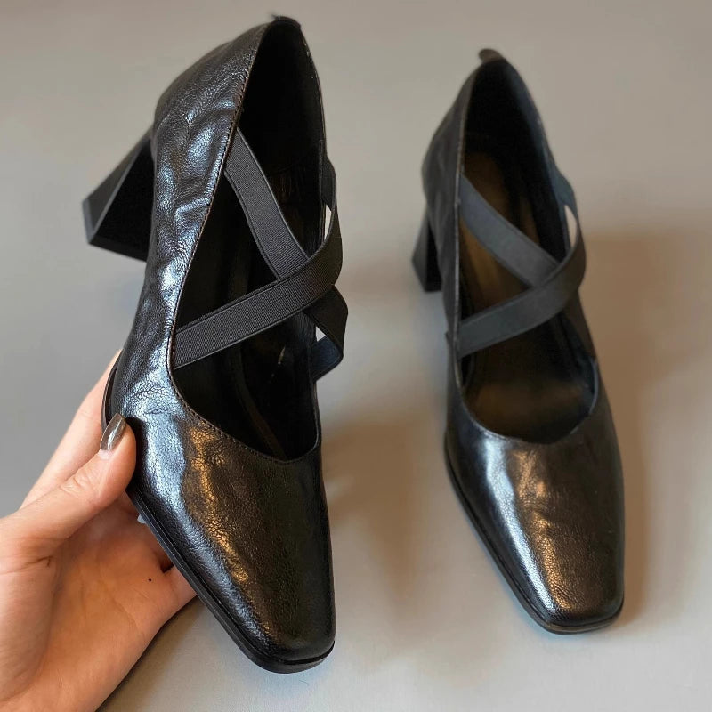 Comfortable Crosstied Chunky Heel Pumps Square Toe Shallow Mouth Sandals Office Brand Shoes Tacones Mujer