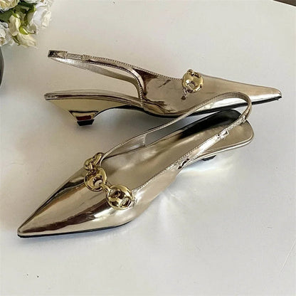 Metal Decoration Pointed Toe Pumps Thin Low Heels Sandals Dress Mules Shoes