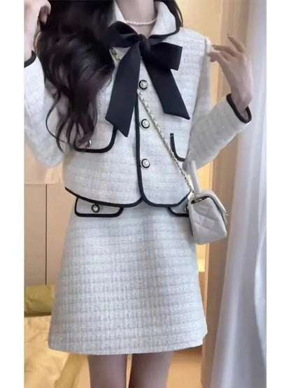 French Two-piece Skirt Set Autumn New Suit Single Breasted Crop Coat Bow Mini Skirt Korean Outfits