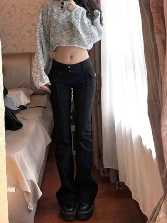 Black Flared Pants Summer Low Waist Pockets Ornamnet Color Pants Female Bottoms
