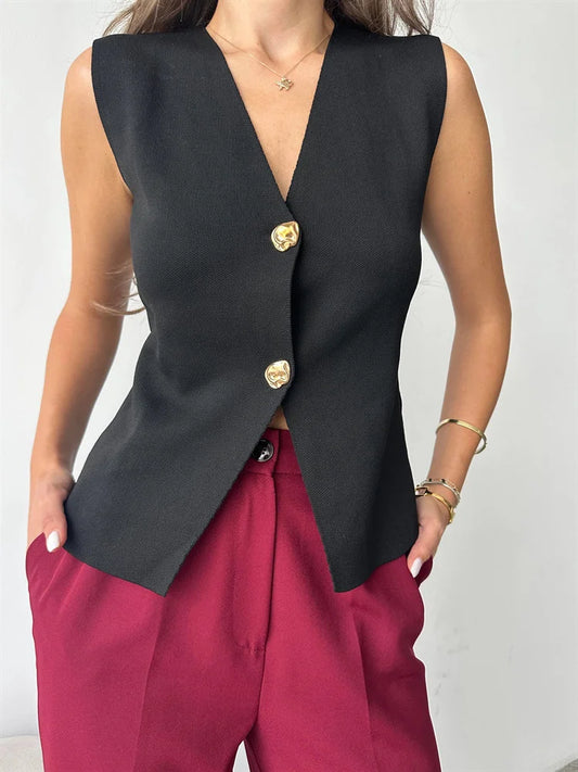 Knit V-neck Sweater Tank Top High Waist Patchwork Autumn Knitwear Y2k Cardigan Top Vest