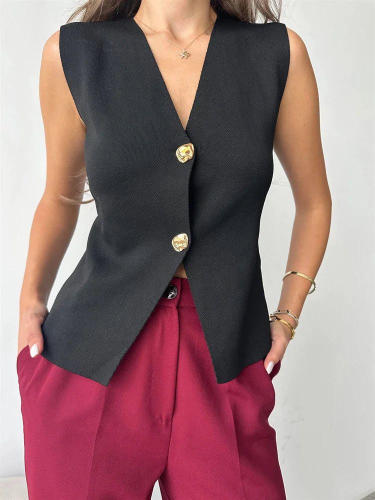 Knit V-neck Sweater Tank Top High Waist Patchwork Autumn Knitwear Y2k Cardigan Top Vest