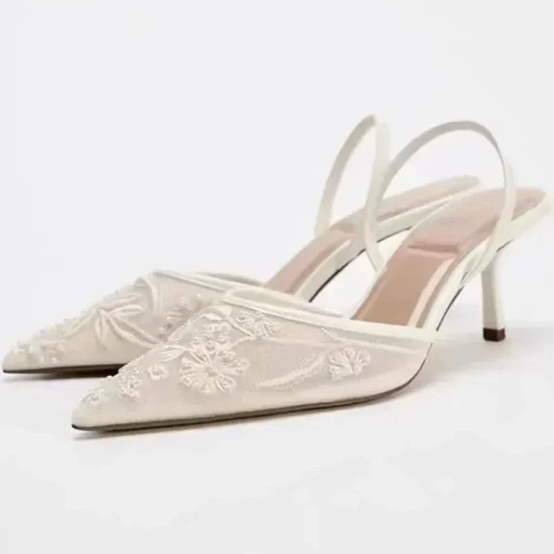 Mesh Embroidered Brand Sandals String Bead Thin Heels Mules Shoes Pointed Toe Slingback Slippers Zapatos De Mujer