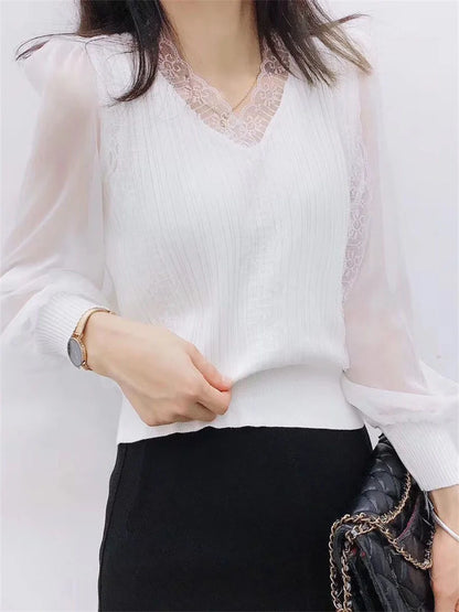 Spring Autumn Style Blouses Tops Lady Long Sleeve V-neck Lace Blusas Tops Df4452