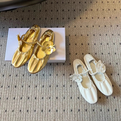 Round Toe Flower Sandals Flat Mary Janes Elastic Band Ballet Shoes Slip on Wrinkles Summer Dress Shoes