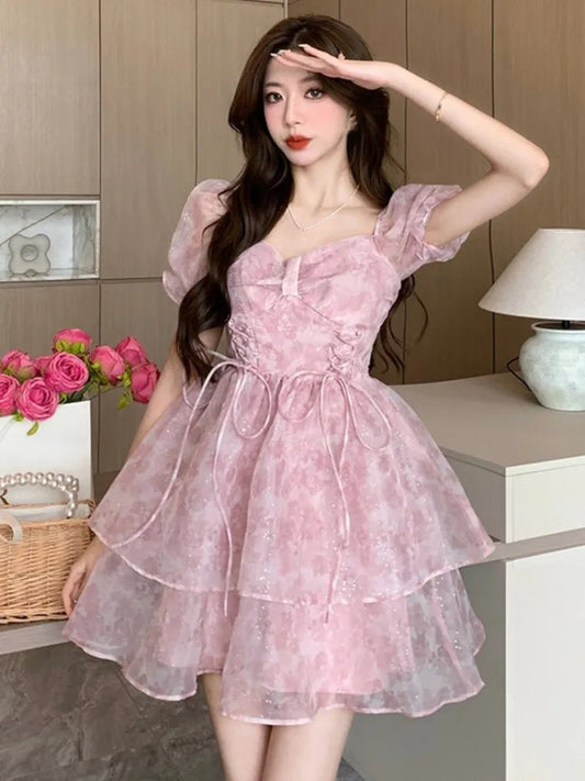 Korean Sweet Laceup Mini Dress Print Puff Sleeve Ball Gown Birthday Party Short Dresses Summer Spring Princess Vestidos