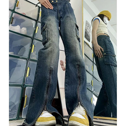 Blue Cargo Pants High Waist Washed Jeans American Retro High Street Flared Wide Leg Split Trousers With Zipper New