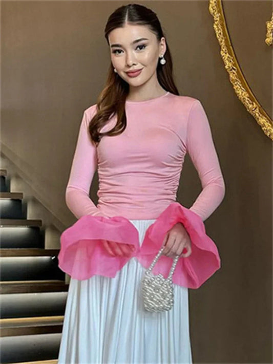 Mesh Ruffled Patchwork T-shirt Top for Long Sleeve High Waist Cropped Top Pullover Female Slim Y2k Top