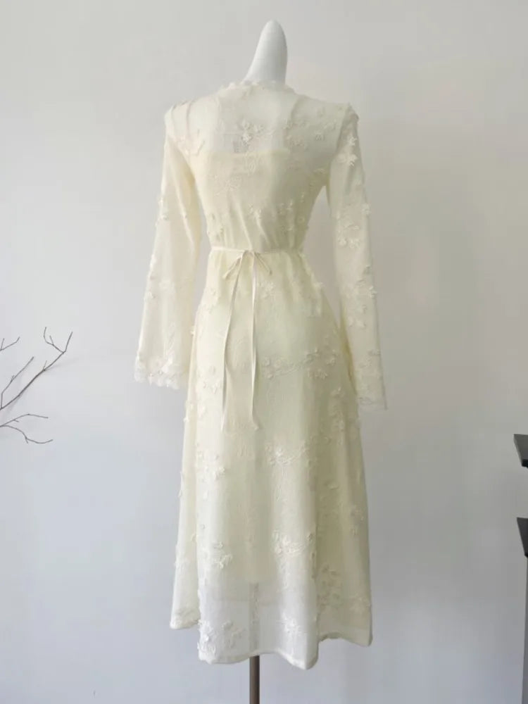 Lace Midi Dress for French Flare Sleeve Slim Aline Long Dresses Autumn Vestidos Female Clothing New