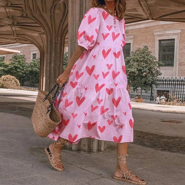 Summer New ’s Print Dress Puff Short Sleeves Ruffles Loose A-line Midi Dresses Beach Vacation Vestidos