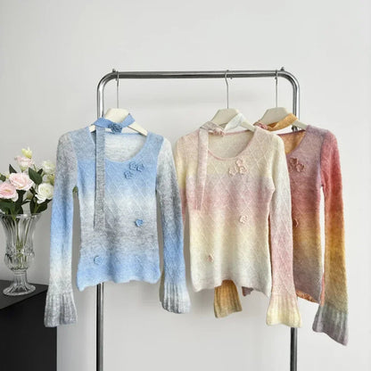 Sweet Hot Girl Gradient Slim Fit Sweater for Spring and Autumn Flower Oneck Knitted Pullover Female Clothes