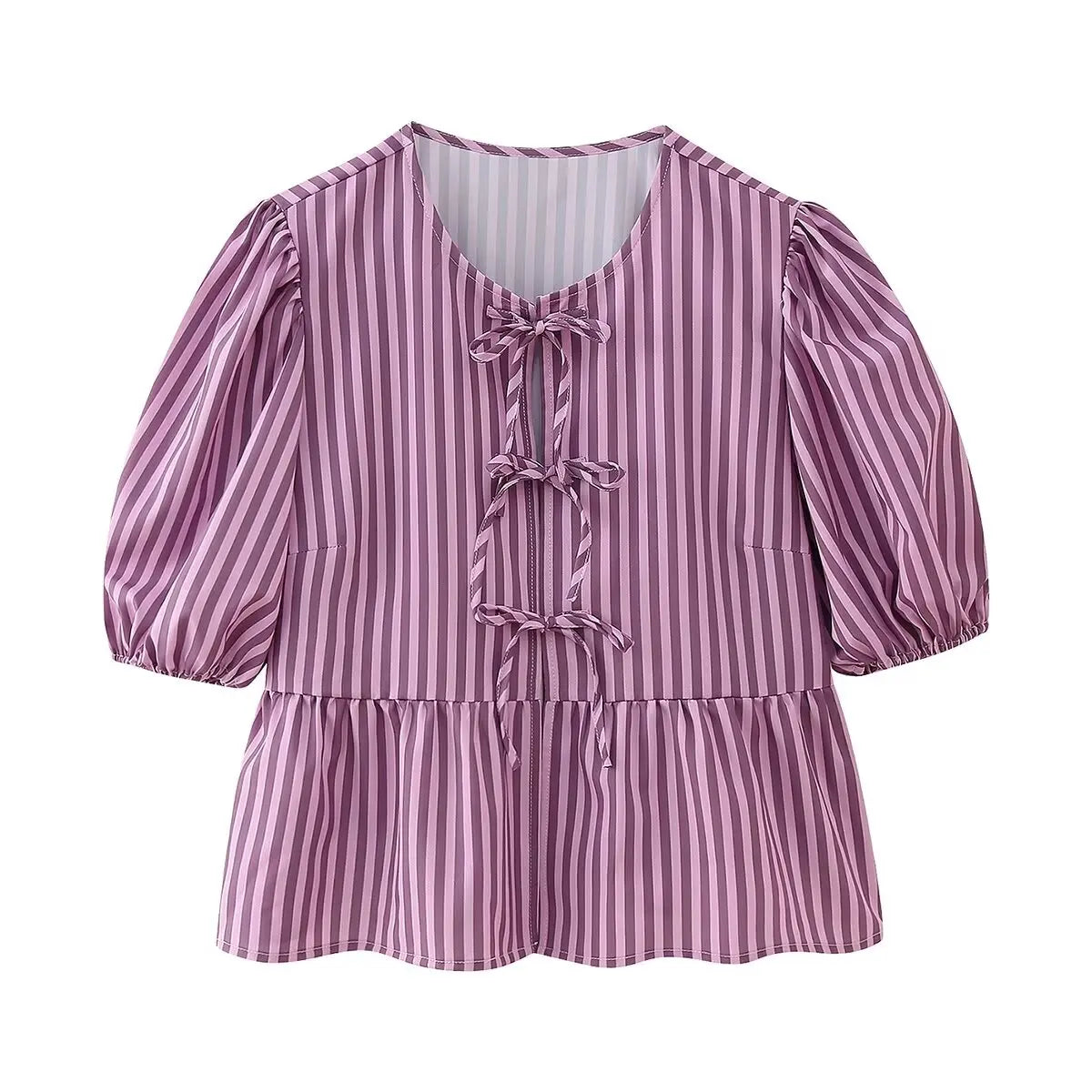 Summer Printed Cropped Shirts Top Puff Short Sleeves Round Neck Blouse Female Laceup Tshrit
