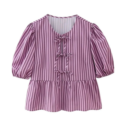 Summer Printed Cropped Shirts Top Puff Short Sleeves Round Neck Blouse Female Laceup Tshrit