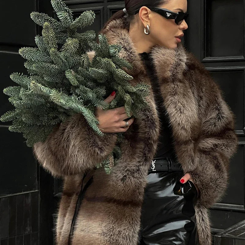 Brand Furry Faux Fox Fur Coat Winter Super Warm Fluffy Fur Jacket Female High Street Long Overcoat
