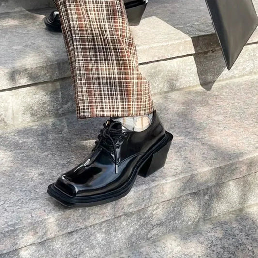 Square Toe Lace Up Pumps Japanese Style Thick Heel Heightening High Heels Personalized Patent Leather Color Shoes