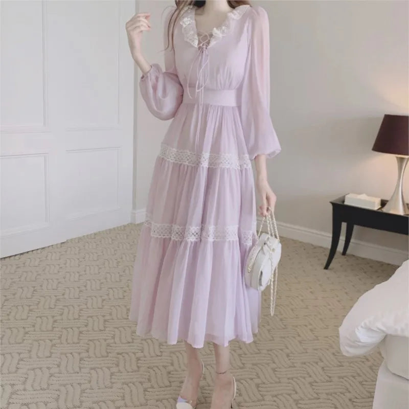 French Fairy Midi Dresses for Lantern Sleeve High Waist V-neck A-line Princess Party Dress Female Vestidos