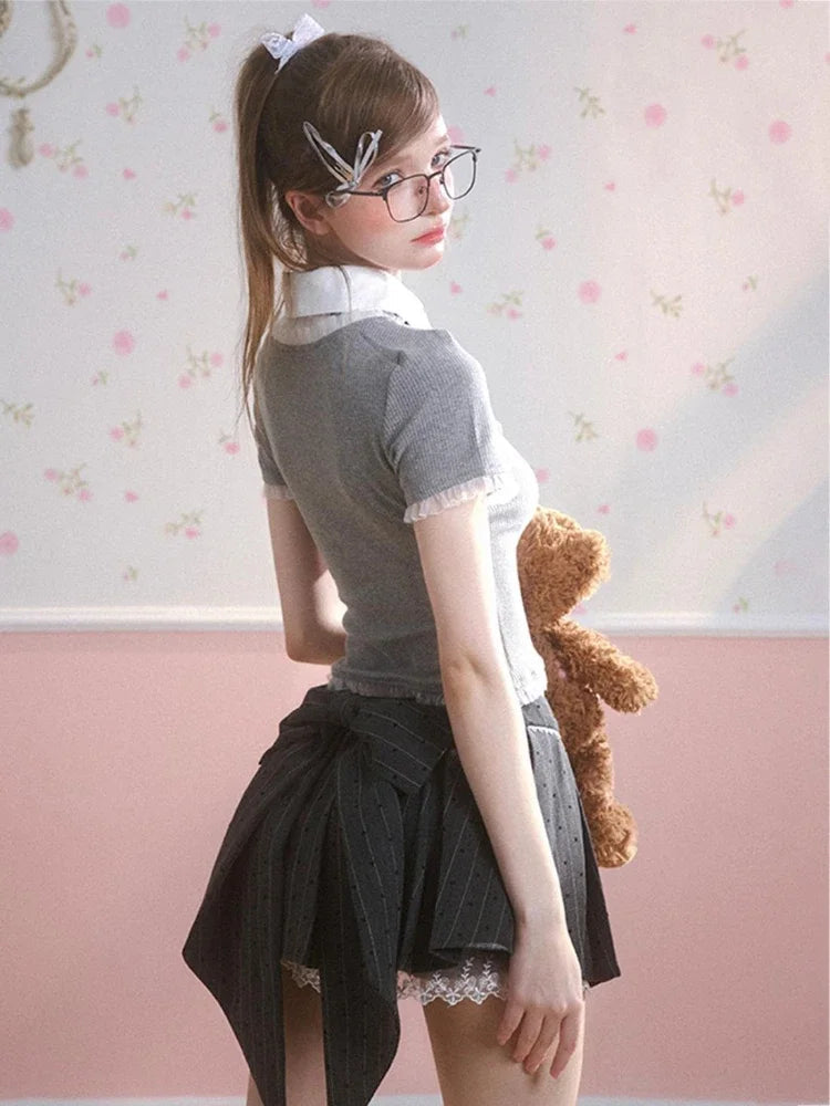 Gray Dot Pleated Skirt Bow Lace Patchwork Summer Mini Skirt Hotsweet Y2k Girl Lolita Style Cutecore Skirt