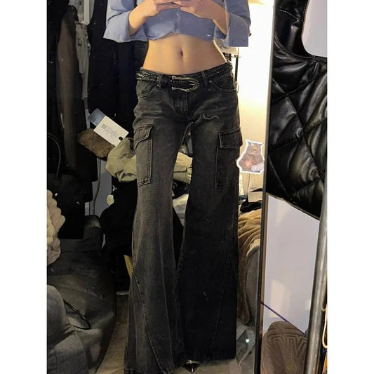 Y2k Flare Cargo Jeans Woman American Retro Low Waist Black Denim Pants Grunge Gothic New Trousers