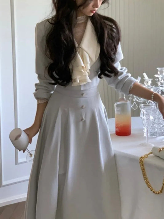 Spring Skirts Suit Jackets Coat Aline Saya 2 Pieces Set Female Party Birthday Clothes Outfits