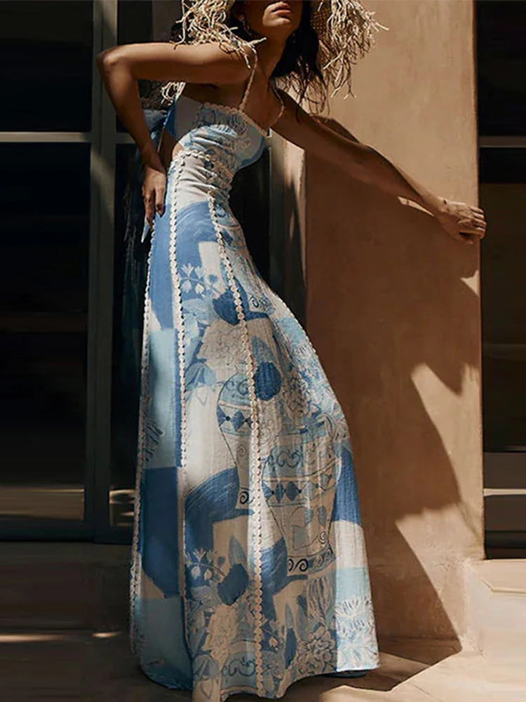 Linen Strapless Suspender Maxi Dress Lace Backless Large Hem Printed Long Skirt New Holiday Vestidos