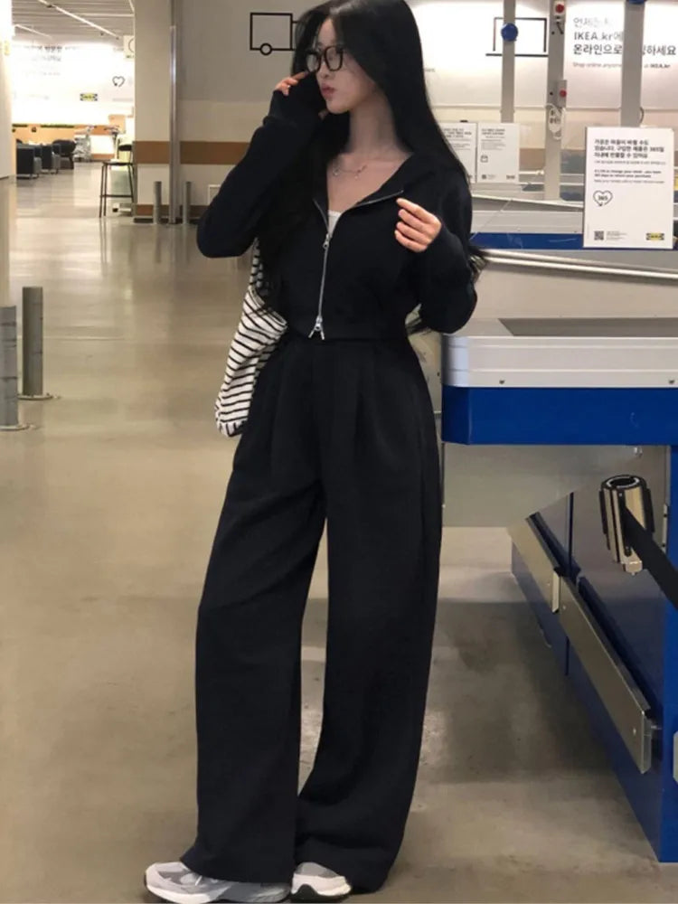 Korean 2-piece Pants Set Tracksuit Autumn New Hooded Zip-up Crop Top Long Pants Outfits