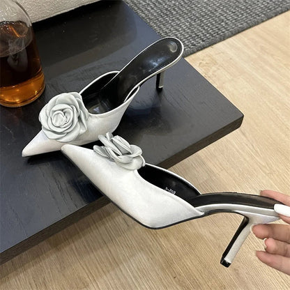 Designer Flower Pointed Toe Pumps Shallow Thin High Heels Shoes Slide Mule Slippers