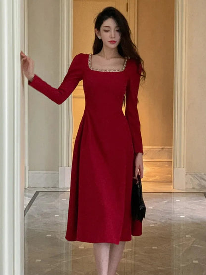 Autumn Red Midi Dresses for Long Sleeve Diamonds Square Collar Slim Waist Aline Party Dress Female Clothing New