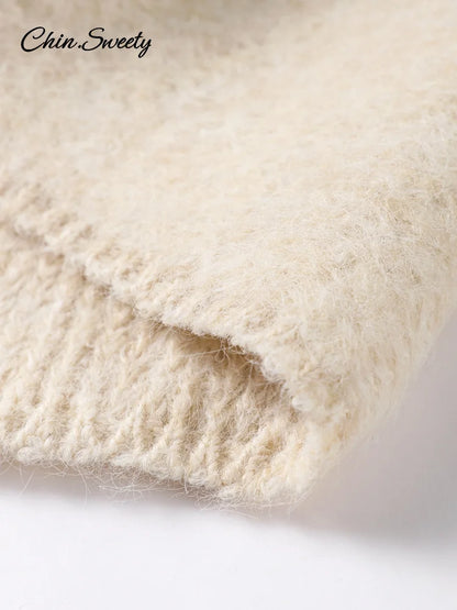 Mohair Knitted Short Sleeve Cardigan Lace Bow Single Breasted O-neck Slim Sweater Autumn Winter Lady Knitwear