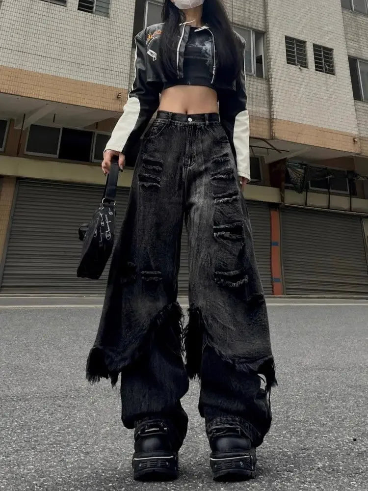 Washed Do Old Ripped Jeans Hip Hop Retro Oversize Spliced Straight Denim Pants Y2k Causal Mujer Bottoms