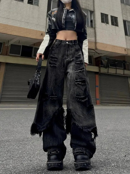 Washed Do Old Ripped Jeans Hip Hop Retro Oversize Spliced Straight Denim Pants Y2k Causal Mujer Bottoms
