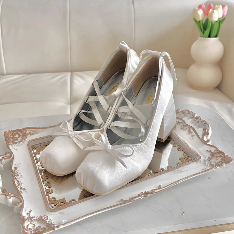 Silk Square Toe 9cm Heel Ballet Shoes Lace Up Pumps