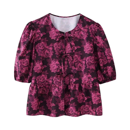 Summer Woman Bow Tied Lace Up Shirts Puff Short Sleeves Blouse Oneck Ruffle Color Tops