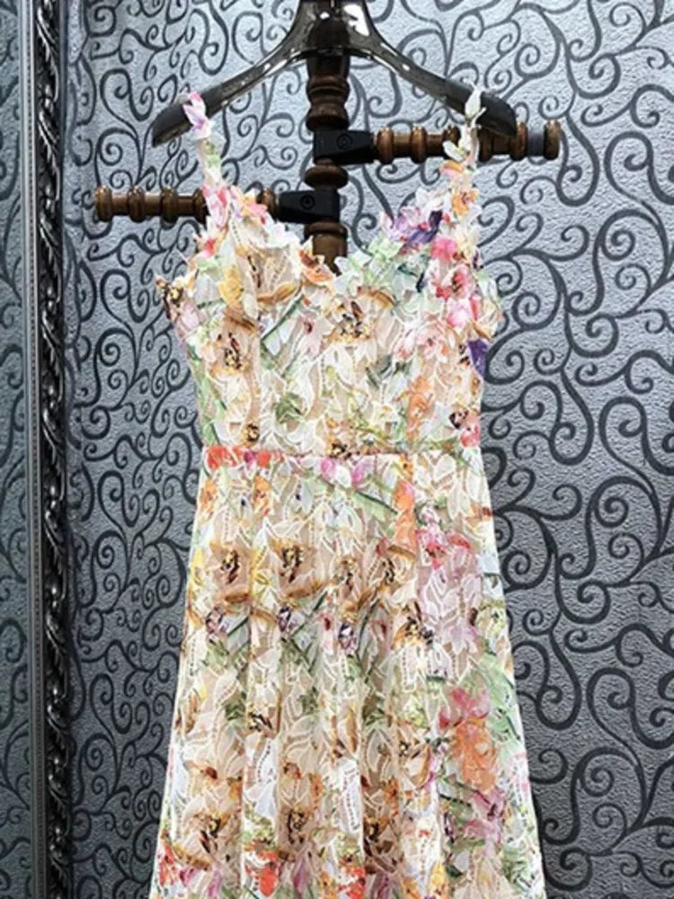 Long Dress Hotsweet Print Slash Collar 3d Flower Hollowed Out Camisole Dresses Spring Summer 959