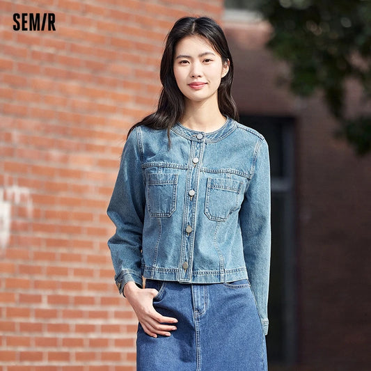 Denim Jacket Short Style Small and Taller Spring New Retro Round Neck Jacket and Versatile Coats