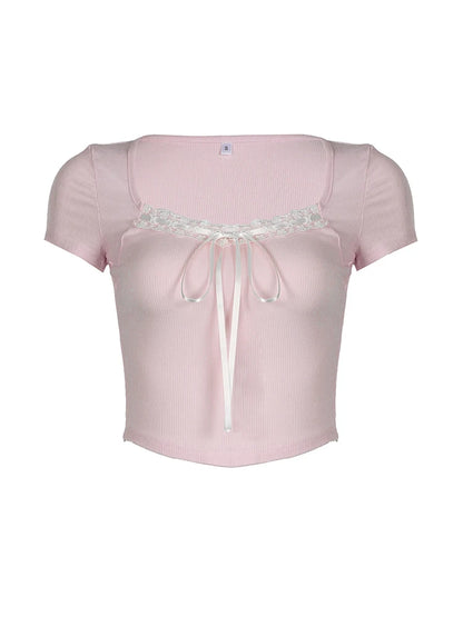 Balletcore Sweet Y2k Tie Lace Trim Square Collar Pink T-shirt Short Sleeve 2000s Kawaii Clothes