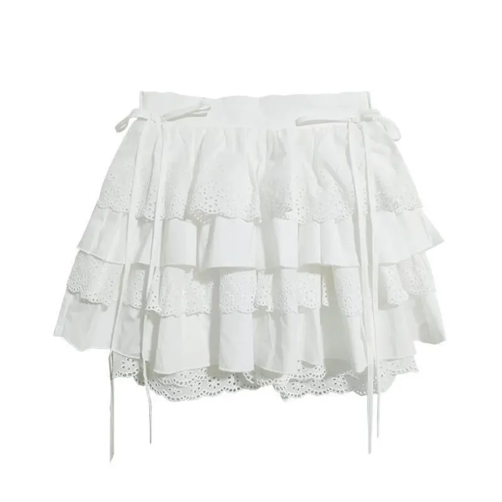 Kawaii Patchwork Lace Up Japanese Cutecore Mini Skirt Summer Lolita Skirt Harajuku White High Waist Aline Lace Skirt
