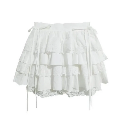 Kawaii Patchwork Lace Up Japanese Cutecore Mini Skirt Summer Lolita Skirt Harajuku White High Waist Aline Lace Skirt