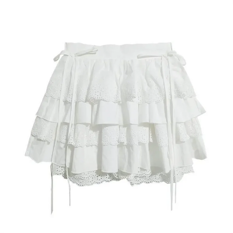 Kawaii Patchwork Lace Up Japanese Cutecore Mini Skirt Summer Lolita Skirt Harajuku White High Waist Aline Lace Skirt