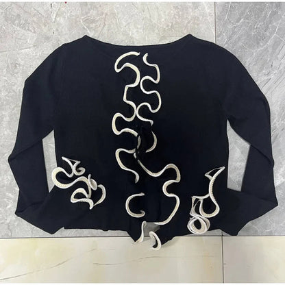 Slim Ruffle Lace Up Blouse Patchwork Hollow Out Short Cardigan Female Autumn Street Knitwear