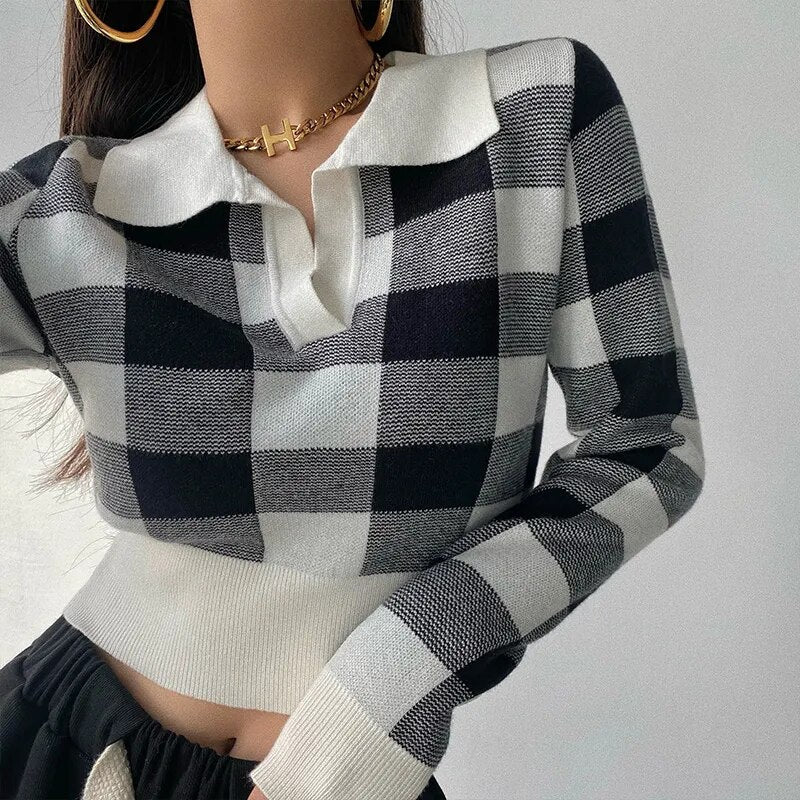 Autumn Winter Knitwear Crop Tops Pullover Sweaters Female Long Sleeve Elastic Plaid Knitted Shirts F4040