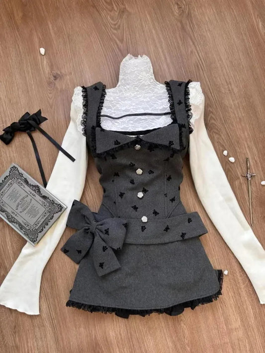 New Japanese 3 Piece Set Square Collar Blouse + Lace Patchwork Print Vest + Y2k Bow Mini Skirts Female