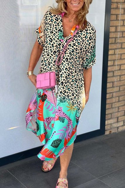 Leopard Print Patchwork Dresses V-neck Short Sleeves Pocket Loose Slit Midi Dress Lady Vestidos Summer New